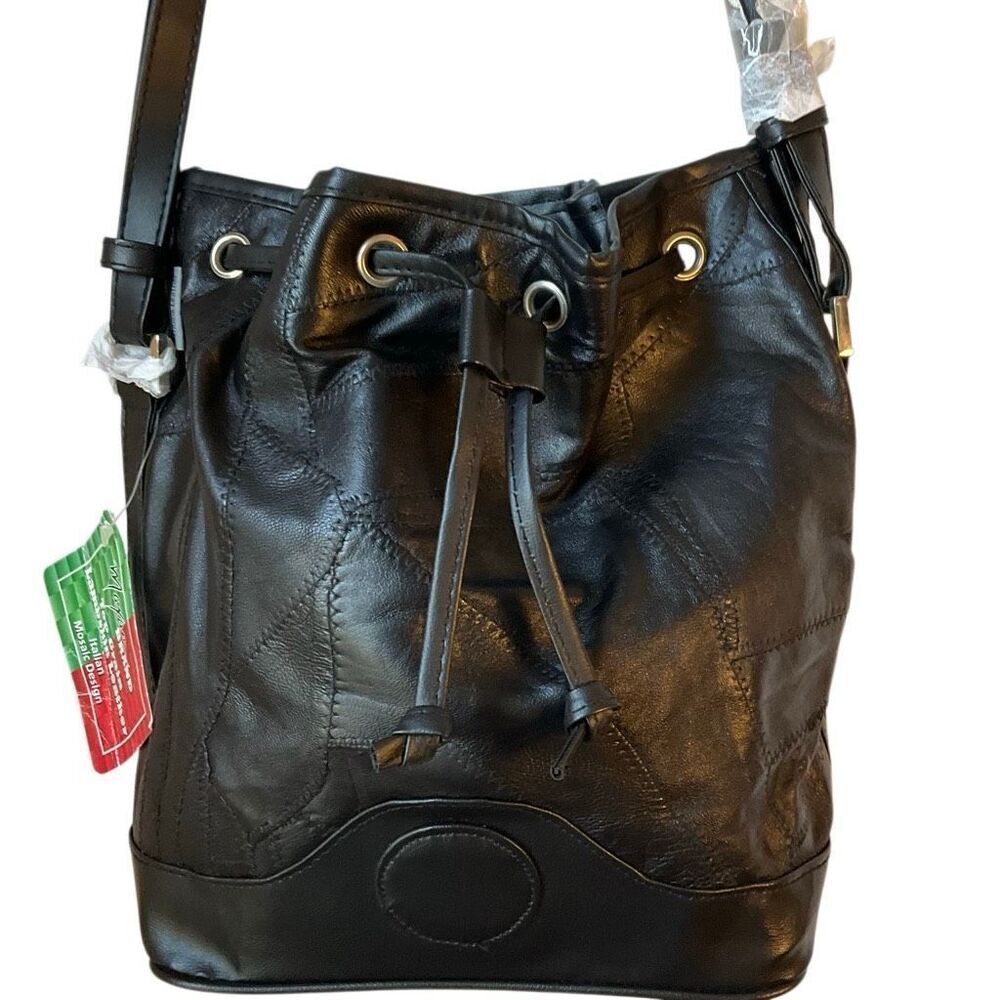 Maxam Lambskin Patchwork Mosaic Drawstring Bag, Black NWT Vintage